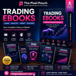 Trading Ebooks bundle by The Pixel Pouch featuring technical analysis, forex trading, trading strategies, psychology, and risk management ebooks
