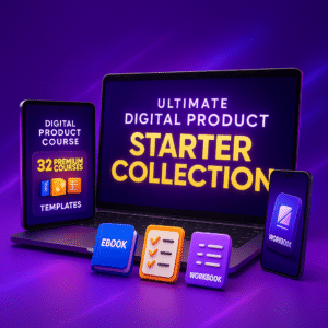 A vibrant 3D digital mockup showing a laptop, tablet, and smartphone on a glowing purple background, displaying the “Ultimate Digital Product Starter Collection” along with icons for an ebook, workbook, checklist, templates, and 32 premium courses.