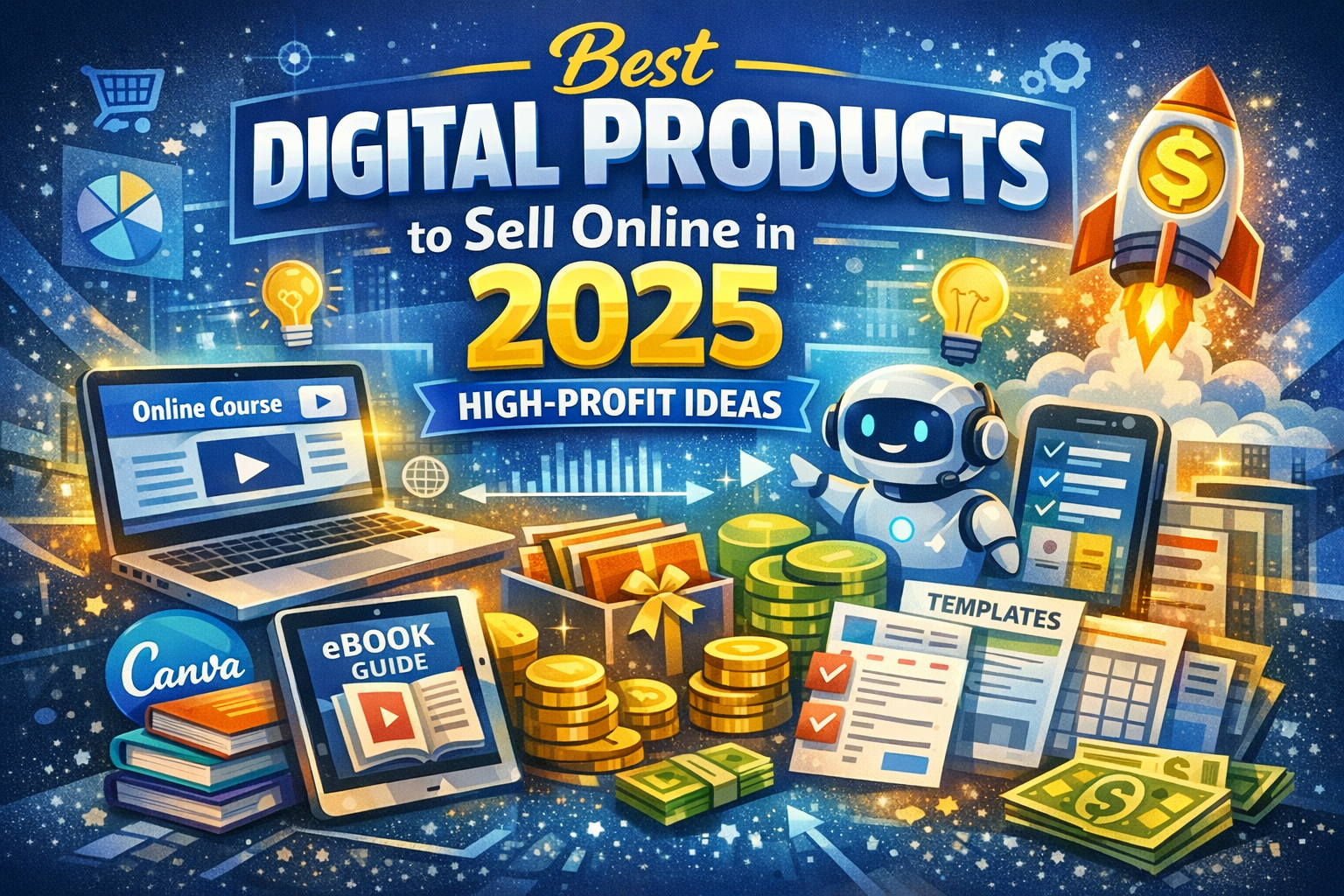 Best digital products to sell online in 2025 including online courses, Canva templates, eBooks, AI tools, and digital bundles shown with laptop, robot, and income icons.