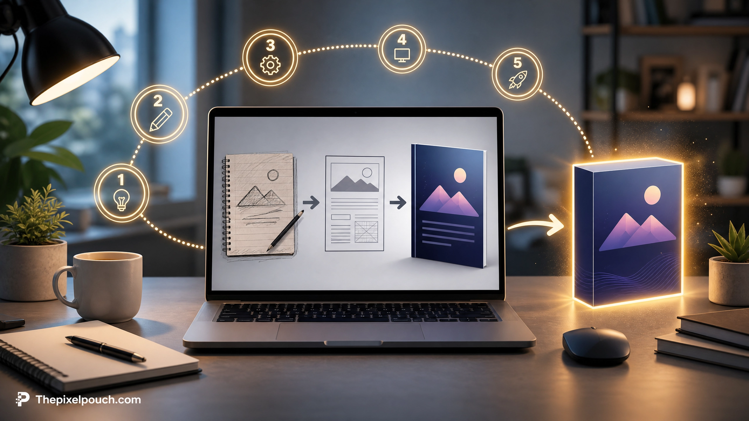 A professional workspace showing a laptop visualizing the step-by-step process of creating a digital product from scratch, branded with Thepixelpouch.com.