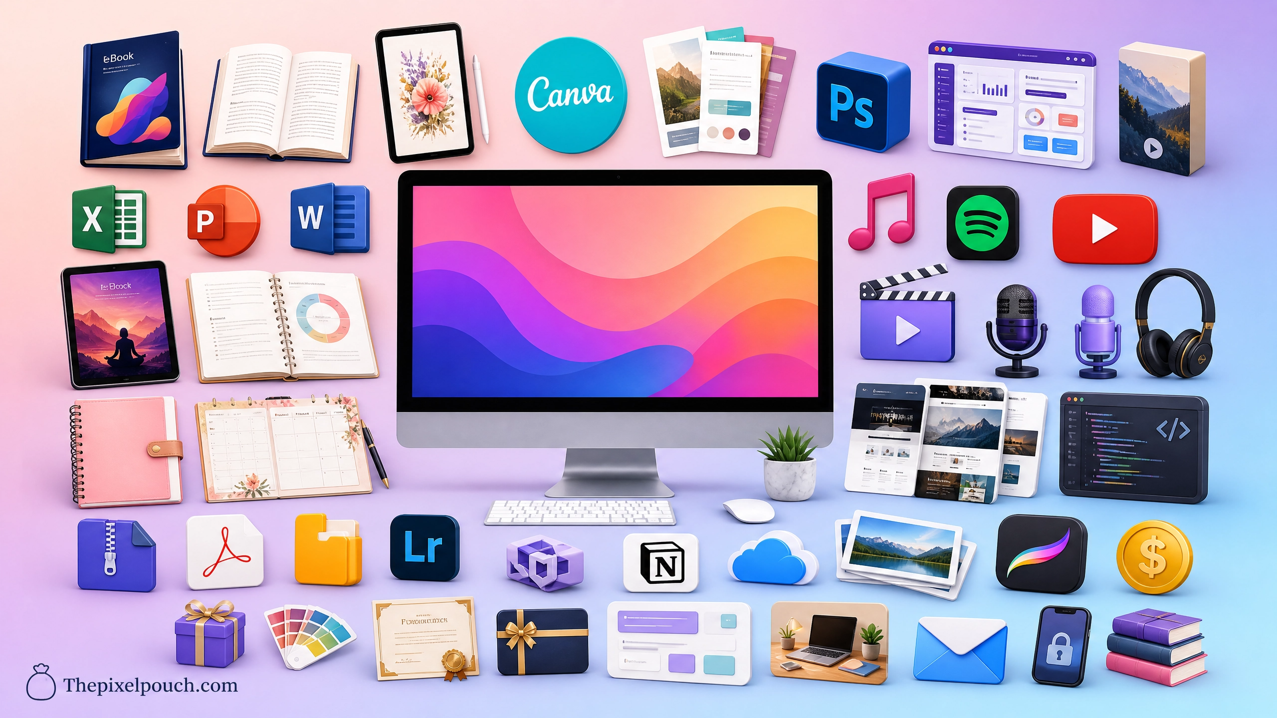 A comprehensive and colorful collage of 25 different digital product icons and mockups, including eBooks, Canva templates, and software, branded with Thepixelpouch.com.