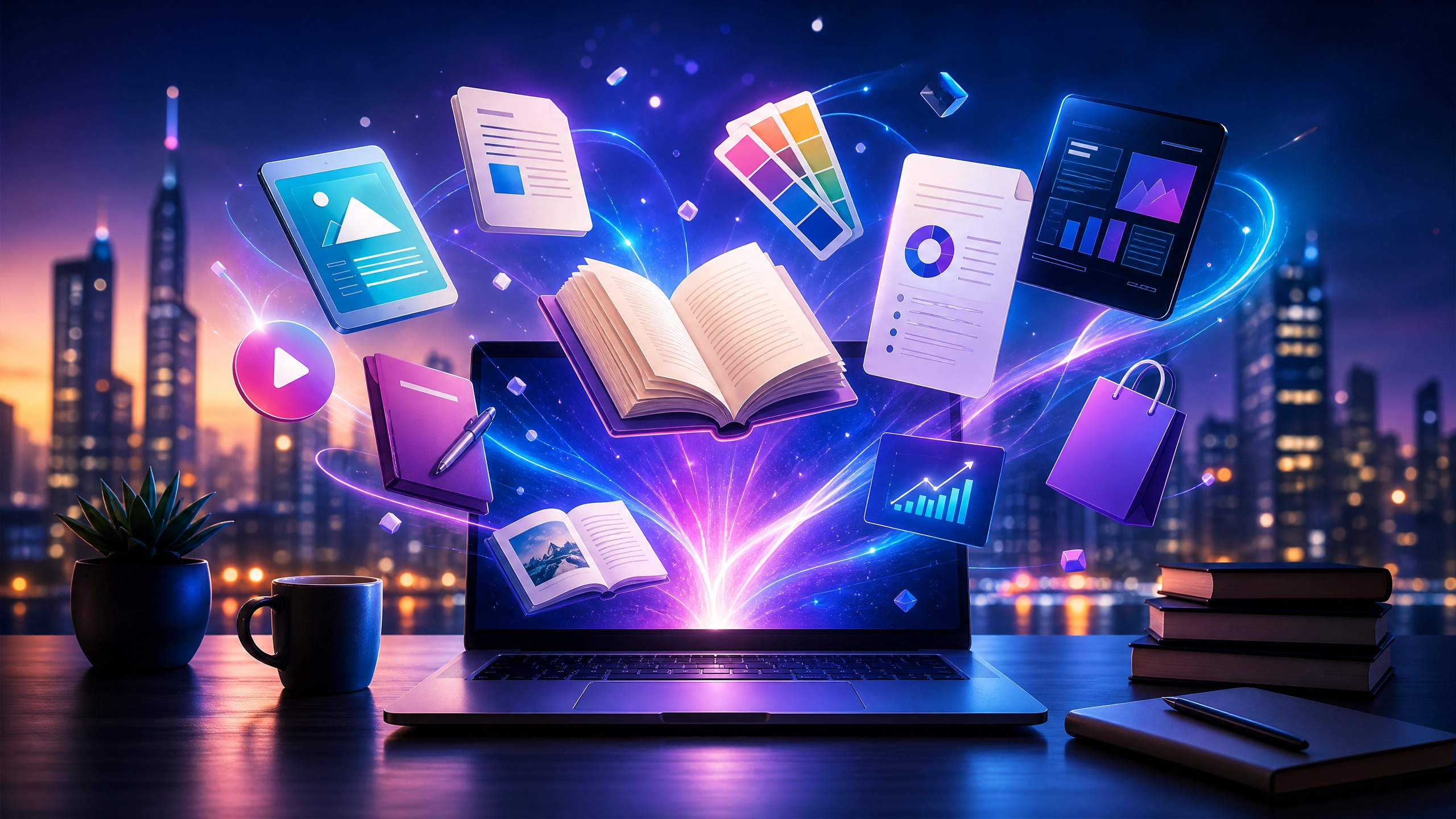 Digital products ecosystem with eBooks and Canva templates floating above a laptop, representing passive income and digital success.