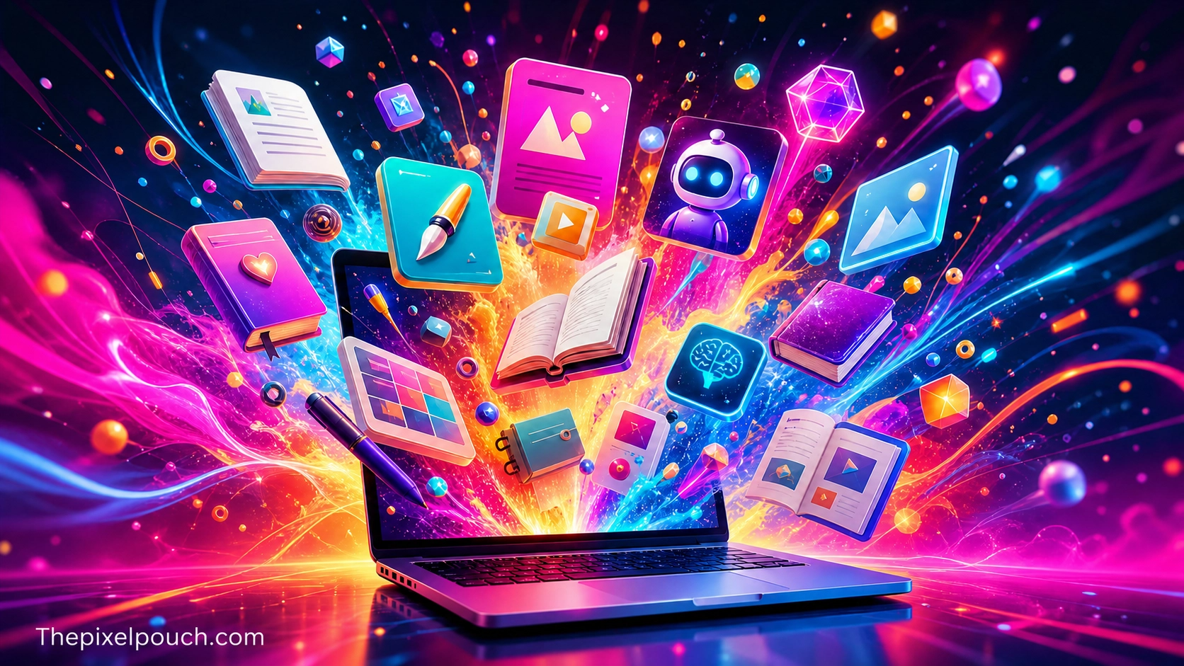 Futuristic digital landscape with floating icons of eBooks, templates, and AI tools representing digital success in 2026.