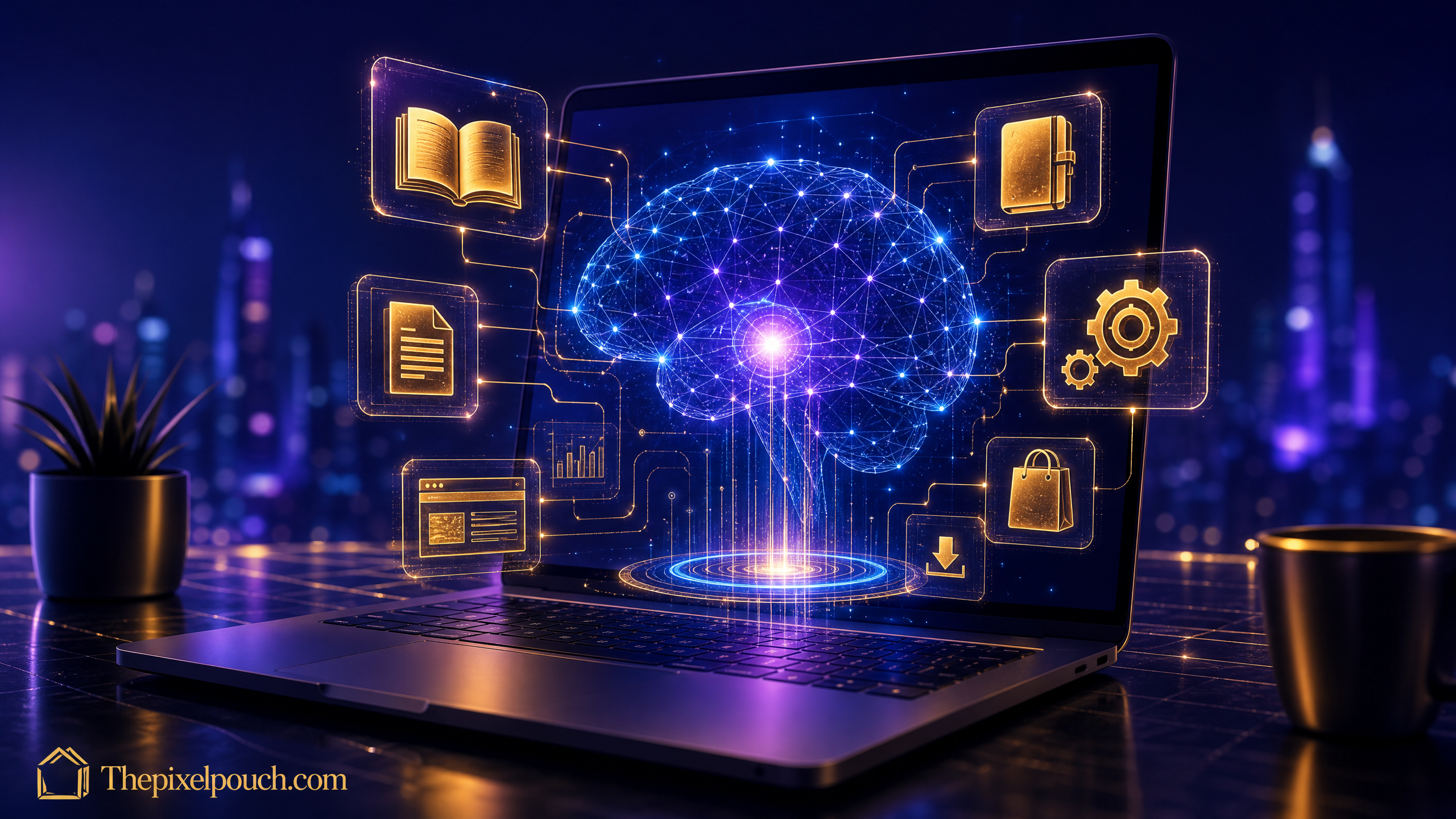 Futuristic laptop with a glowing holographic neural network and digital product icons, branded with Thepixelpouch.com.