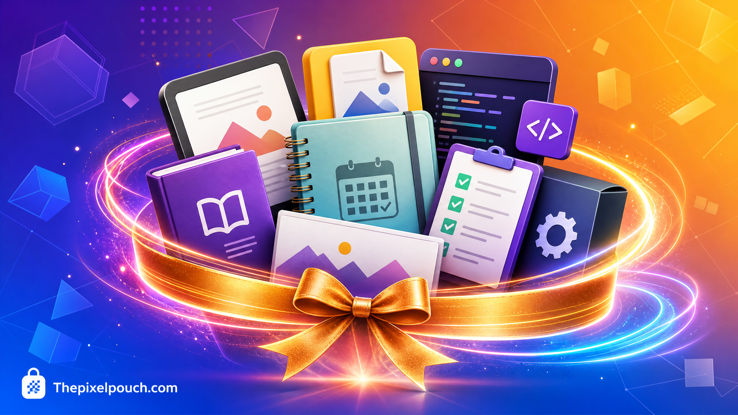 Vibrant collection of digital product icons tied together with a glowing ribbon, branded with Thepixelpouch.com.
