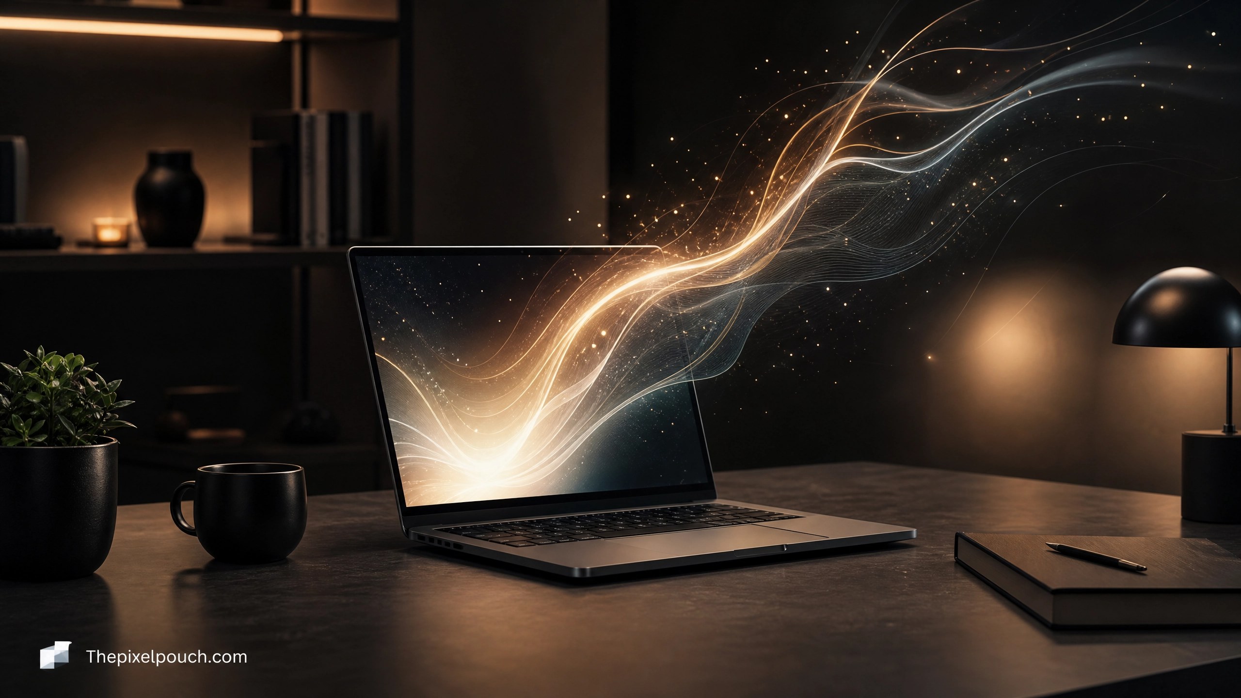 Sophisticated minimalist workspace with a laptop emitting abstract digital light, branded with Thepixelpouch.com.
