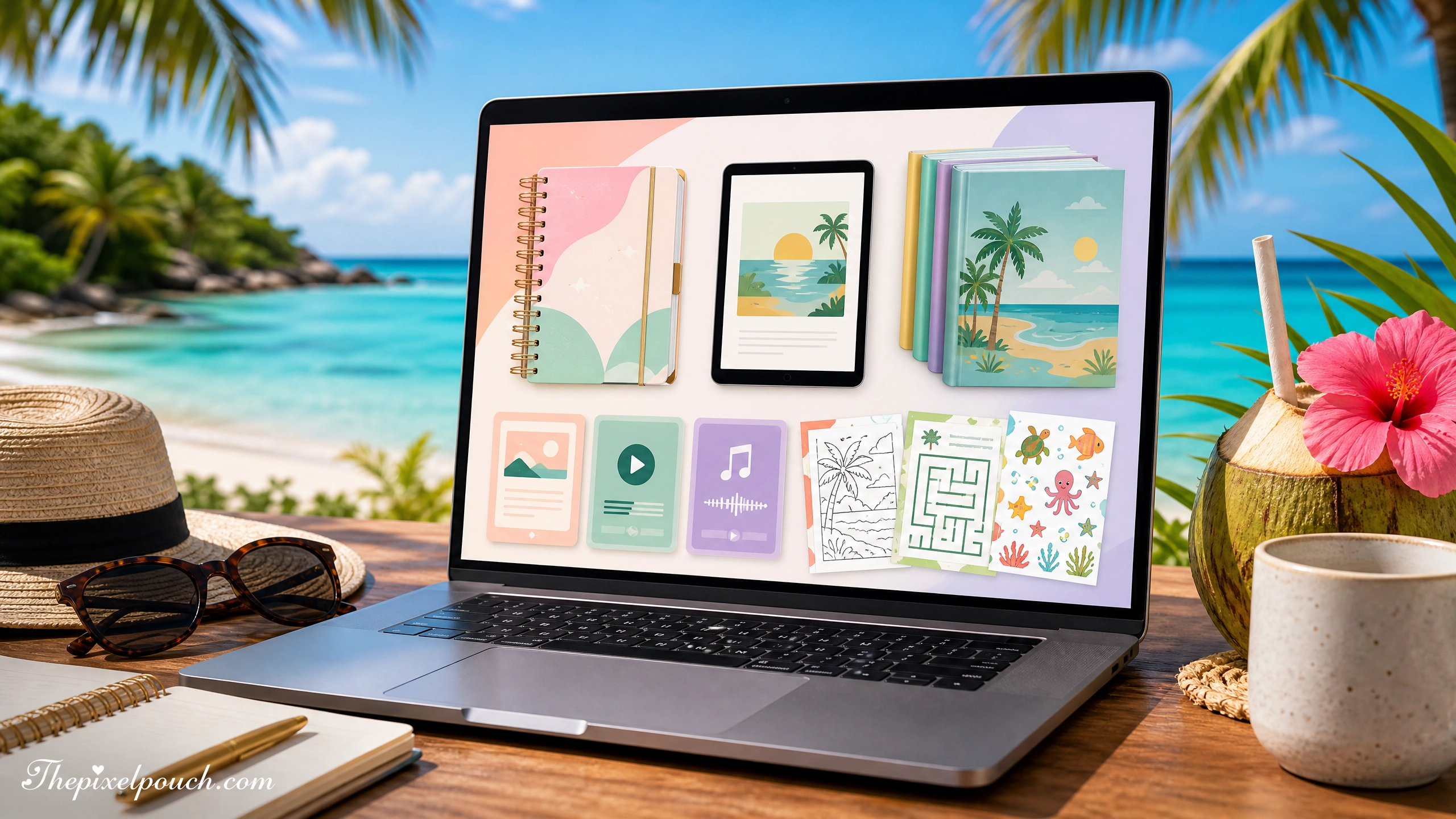 Vibrant summer beach scene with a laptop displaying digital products and Thepixelpouch.com branding.