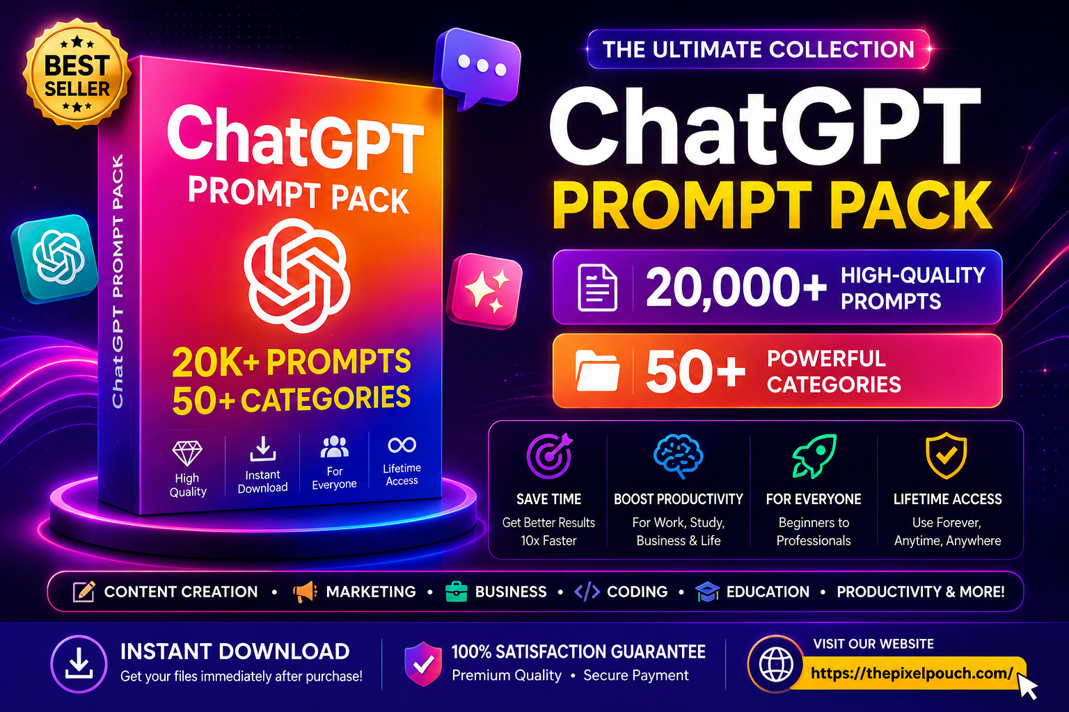 20,000+ ChatGPT prompts pack across 50+ categories from The Pixel Pouch