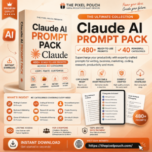 Claude AI Prompt Pack featuring 480+ ready-to-use prompts across 40 categories for writing, business, coding, research, productivity, and marketing by The Pixel Pouch.