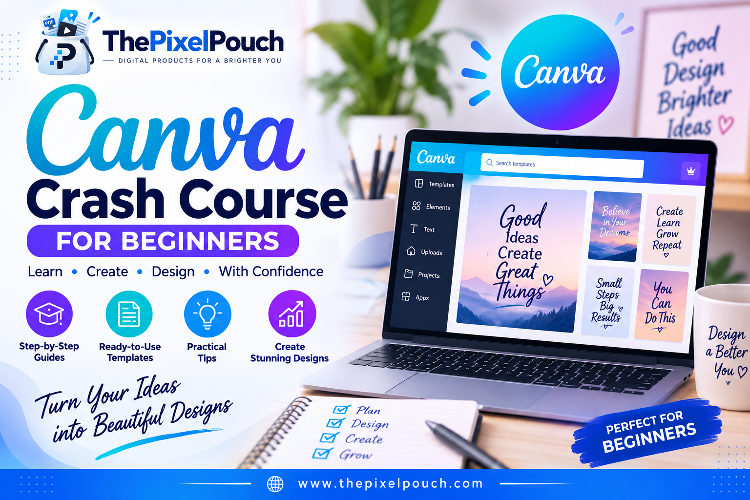 Beginner learning Canva design on a laptop with colorful templates, design tools, and a step-by-step creative workflow.