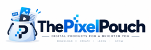 ThePixelPouch logo with a blue digital product pouch icon and modern wordmark